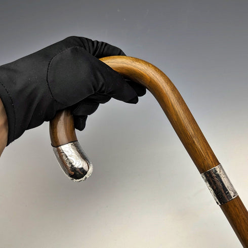 1922 British Antique Gentleman's Walking Stick, Brown Handle, Pure Silver Decoration, Curved Handle, 92cm